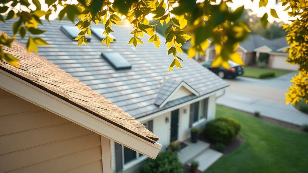sparkling clean residential house exterior after soft washing, warm and inviting, with freshly washed roof and siding in a suburban setting, green lawn, clear 35mm photo