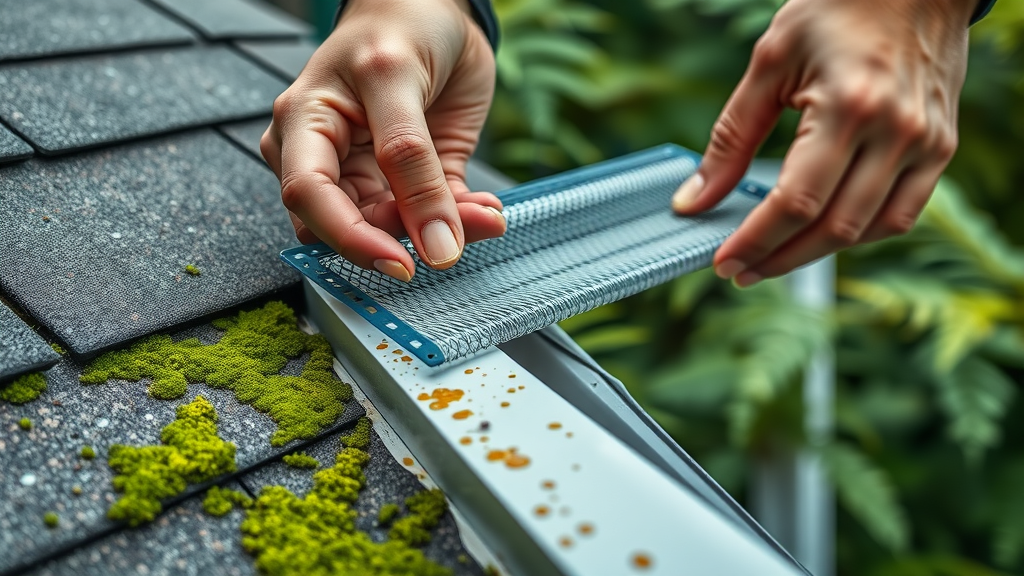 Close-up of gutter guard installation in Eugene: hands placing mesh guard on clean gutter, with green moss on shingles and Pacific Northwest ferns in the background.