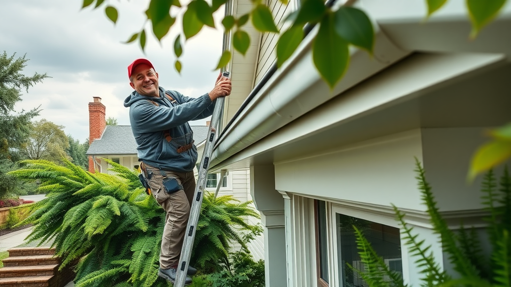Technician performing gutter cleaning services in Eugene Oregon