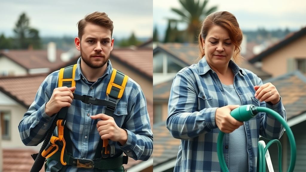 Side by side comparison: professional roof cleaner with equipment vs. homeowner with garden hose; Eugene roof cleaning methods in action, detailed tools and safety gear