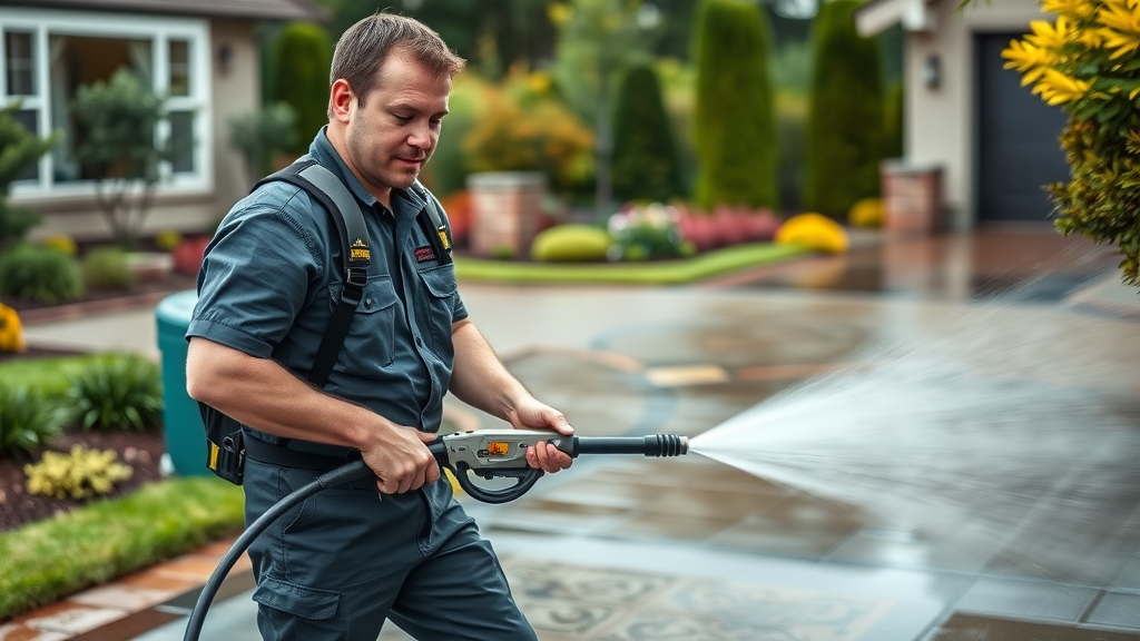 Professional pressure washing technician washing Eugene decorative driveway, pressure washing price comparison