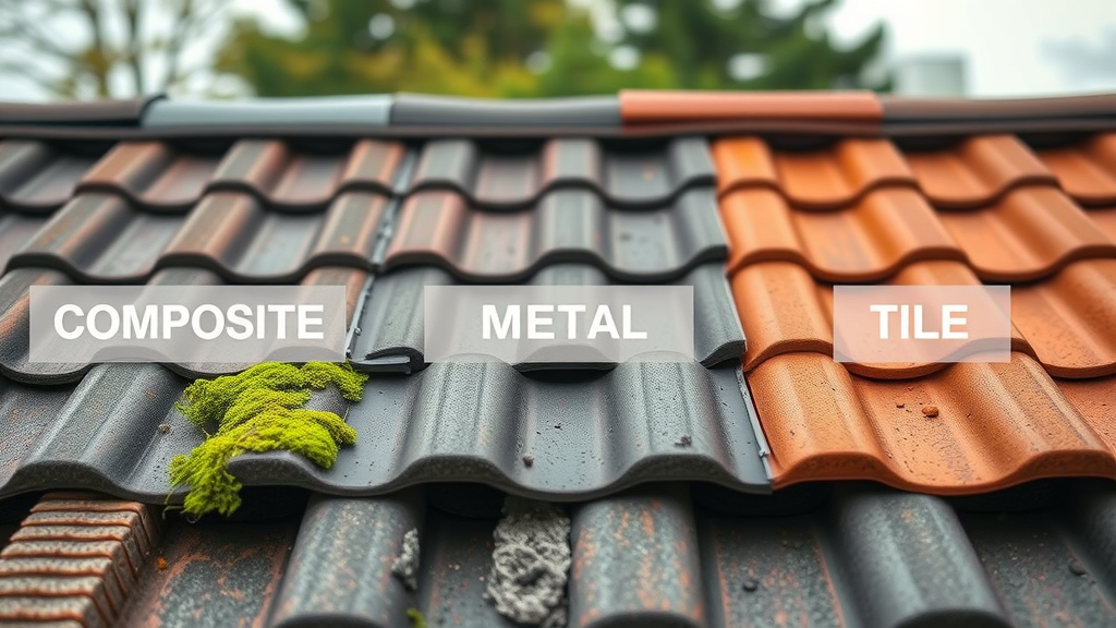 Close-up of composite, metal, and tile roof materials with moss, used in roof cleaning Eugene Oregon