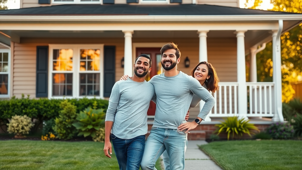 Attractive home exterior, pristine gutters, young couple admiring curb appeal, lush yard, sunlight, gutter cleaning facts