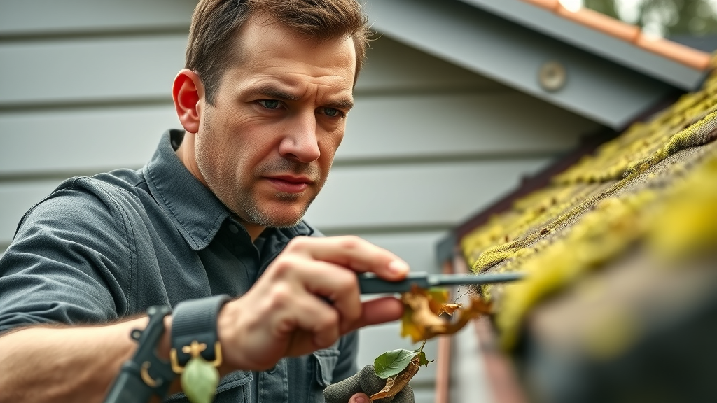 Professional assessing Eugene Oregon home gutters for cleaning quote, detailed inspection of moss and debris
