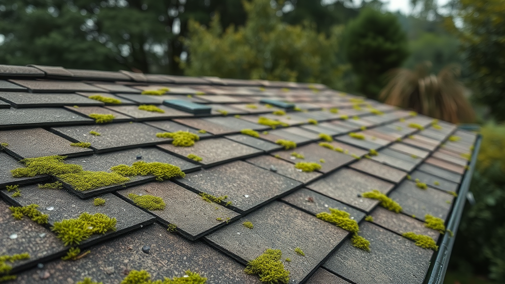 cleaning your roof: Close-up of neglected residential roof with moss and algae growth.