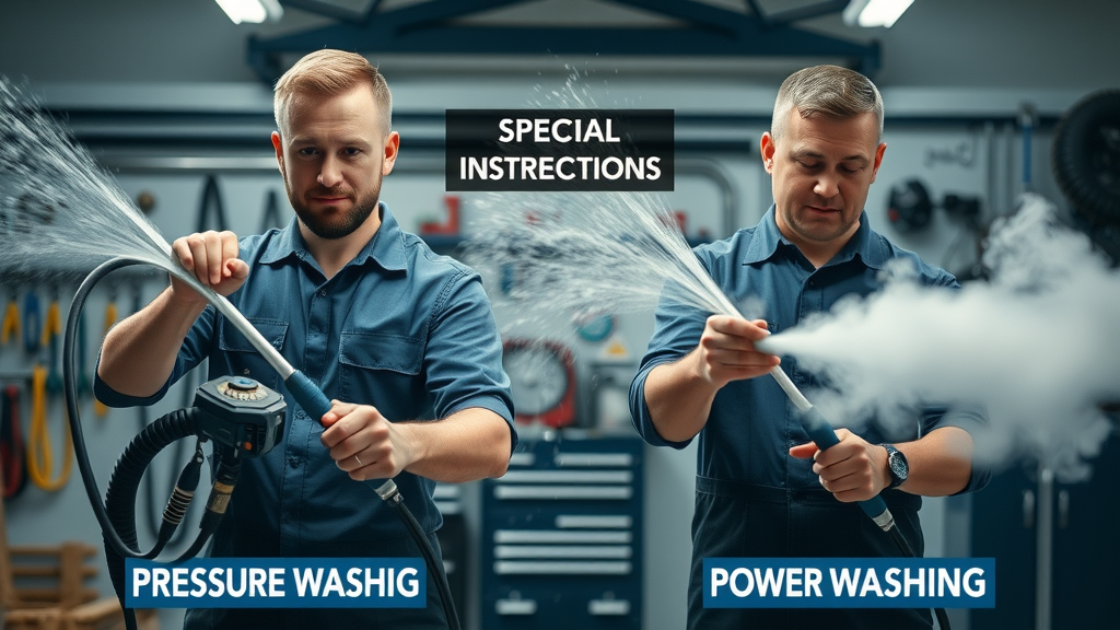 pressure washing vs power washing equipment comparison with professional technicians and equipment demonstration in Eugene, Oregon