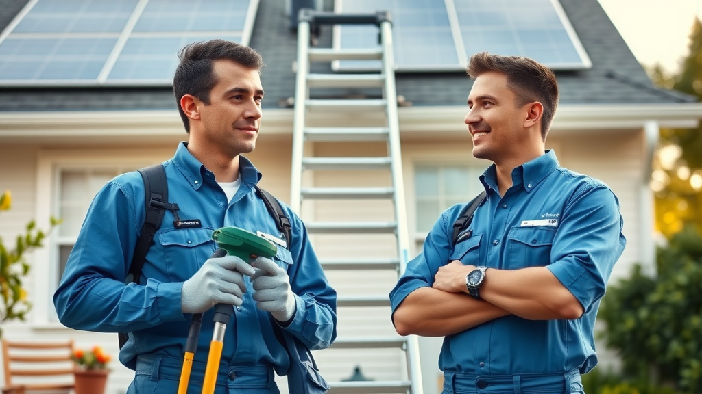 Solar panel cleaning service experts on a residential rooftop, ready to clean solar panels
