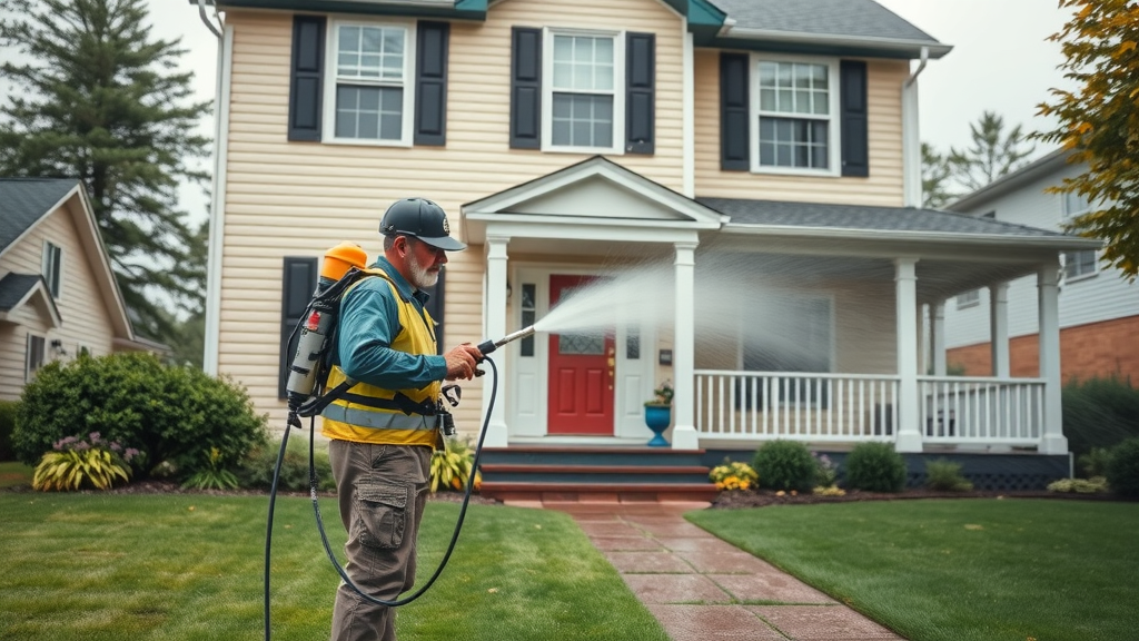 Professional safely pressure washing two-story house, demonstrating best practices, safety gear, clean yard, proper technique, power wash your house