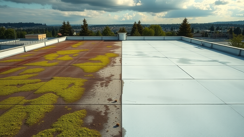 Before and after commercial roof cleaning in Eugene, OR with moss and debris removal.