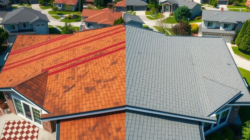 Split image showing a stained roof and a clean roof after soft washing, dramatic before-and-after.