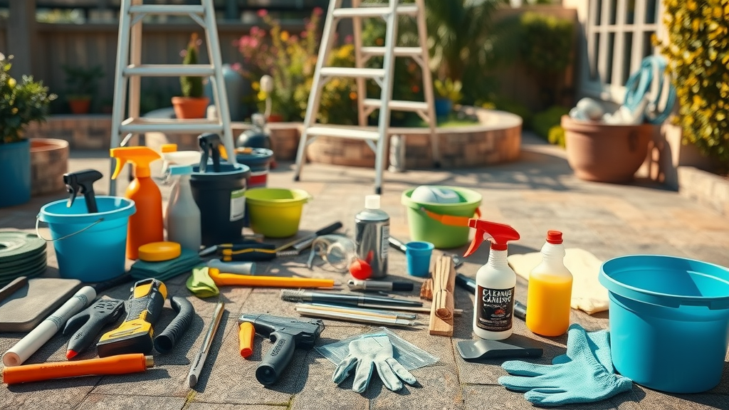 roof clean: Homeowner prepares with organized tools, safety equipment, and cleaning supplies for roof cleaning.