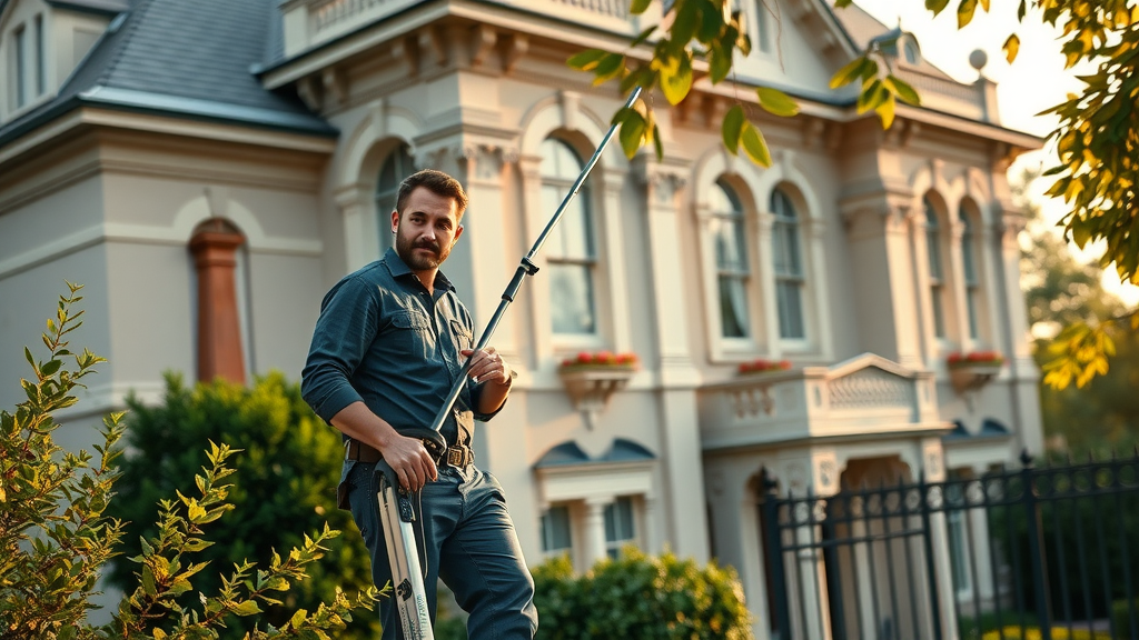 gutter cleaning cost on mansion with professional gutter cleaner on tall ladder