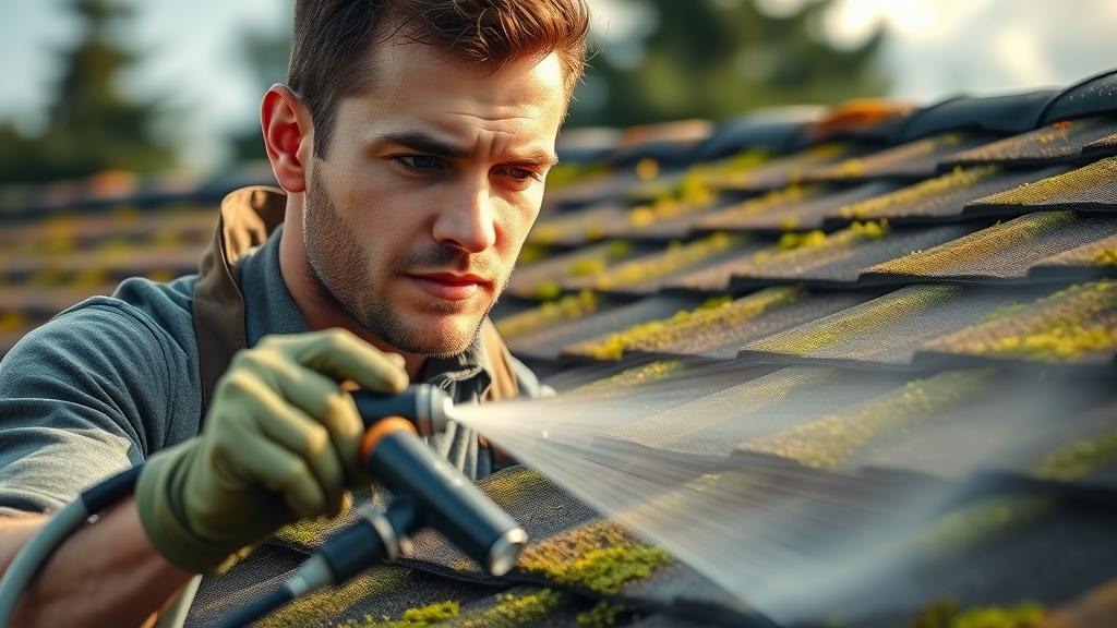 Eugene Oregon roof cleaning technician expertly applying soft wash, removing moss and algae safely