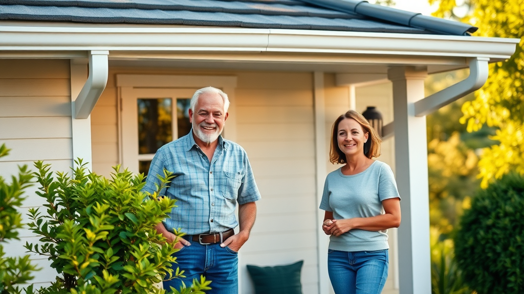 Modern Eugene Oregon home with clean gutters and happy homeowners in lush green yard, gutter cleaning quote Eugene Oregon