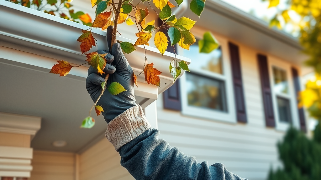 Professional cleaner clearing leaves and debris from gutter by hand while wearing gloves for how to clean gutter exterior, with two-story home exterior background. Competitor keyword: clear debris