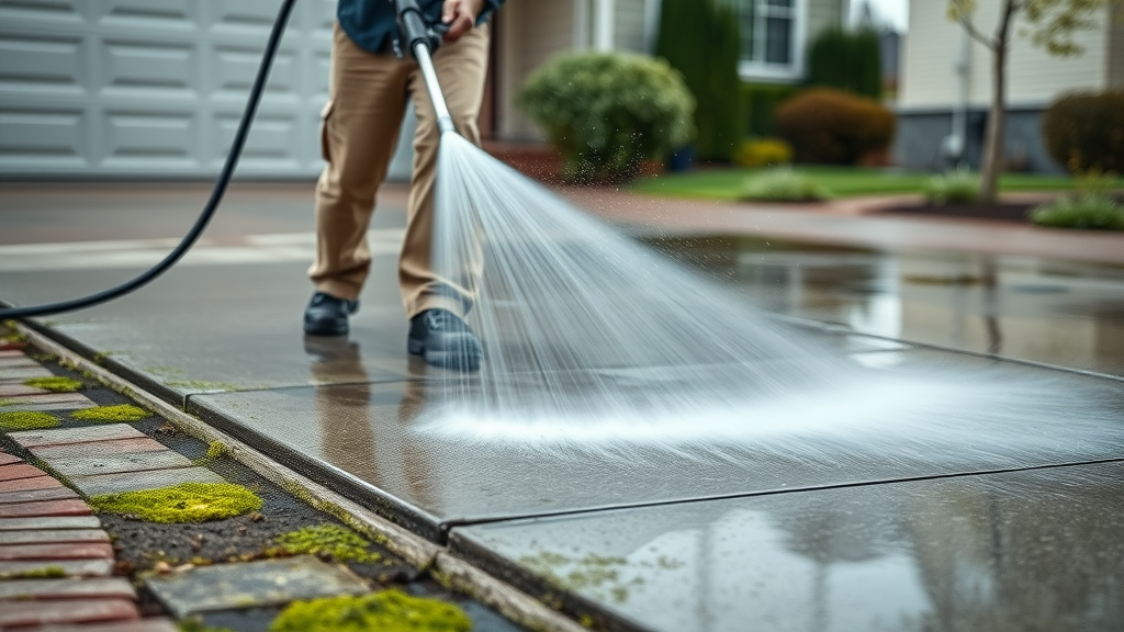 power wash cleaning concrete driveway in Eugene Oregon, exterior cleaning service