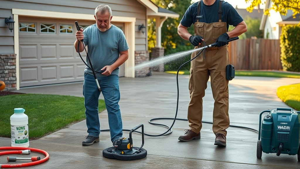 DIY homeowner and professional pressure washing technician comparing techniques and equipment on Eugene driveway