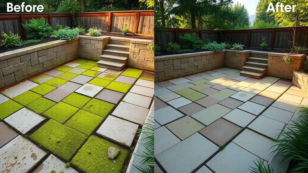 Before and after paver cleaning in Eugene, OR, patio transformation, moss-free stone