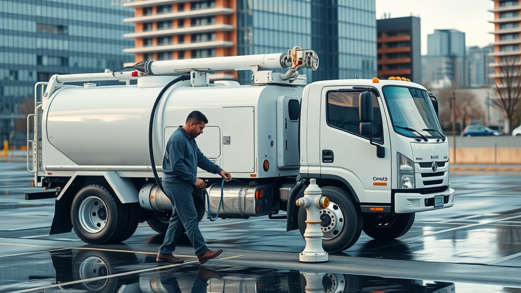 Modern power washing truck technician filling water tank from a commercial hydrant - power washing companies water source