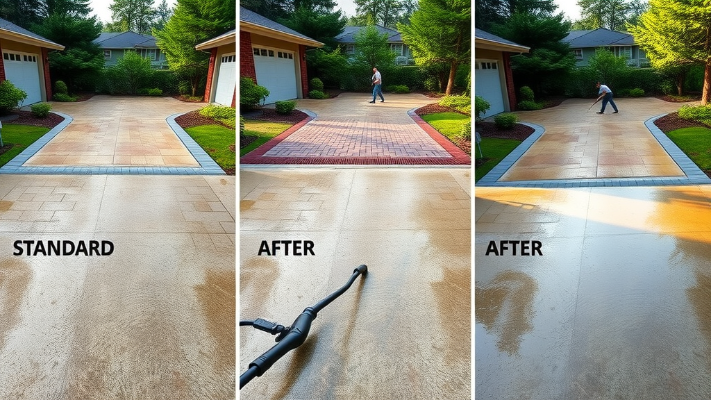 Collage of different driveway surfaces cleaned in Eugene, pressure washing services for special driveway types