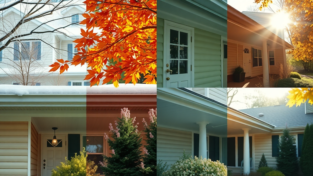 gutter cleaning cost by season with visual of home gutters in winter, fall, spring, summer