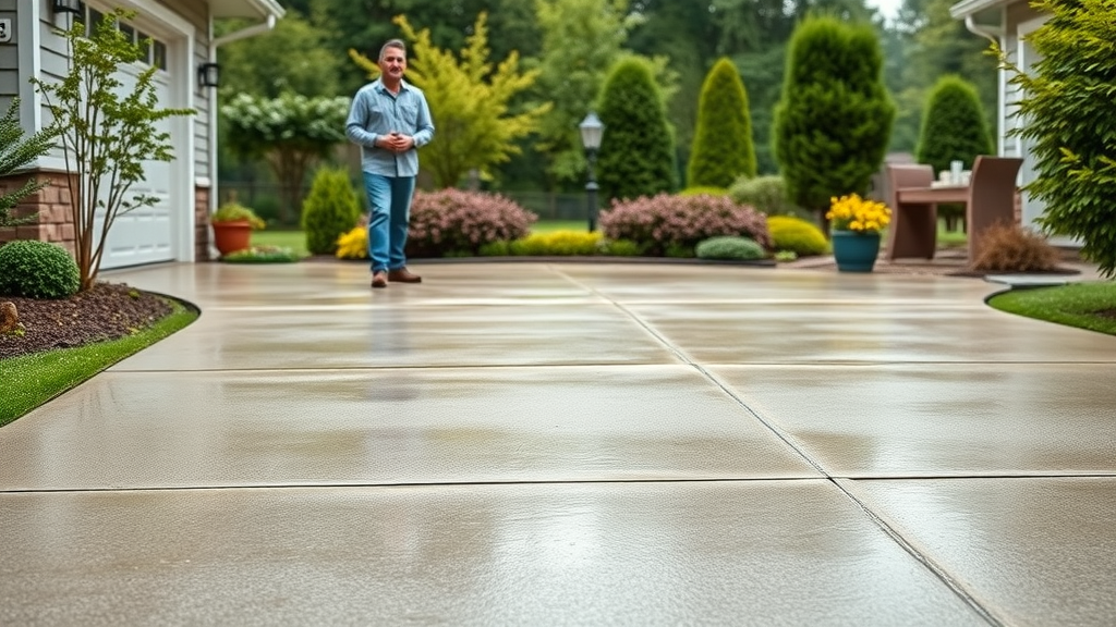 Freshly cleaned concrete driveway in Eugene Oregon with homeowners admiring results