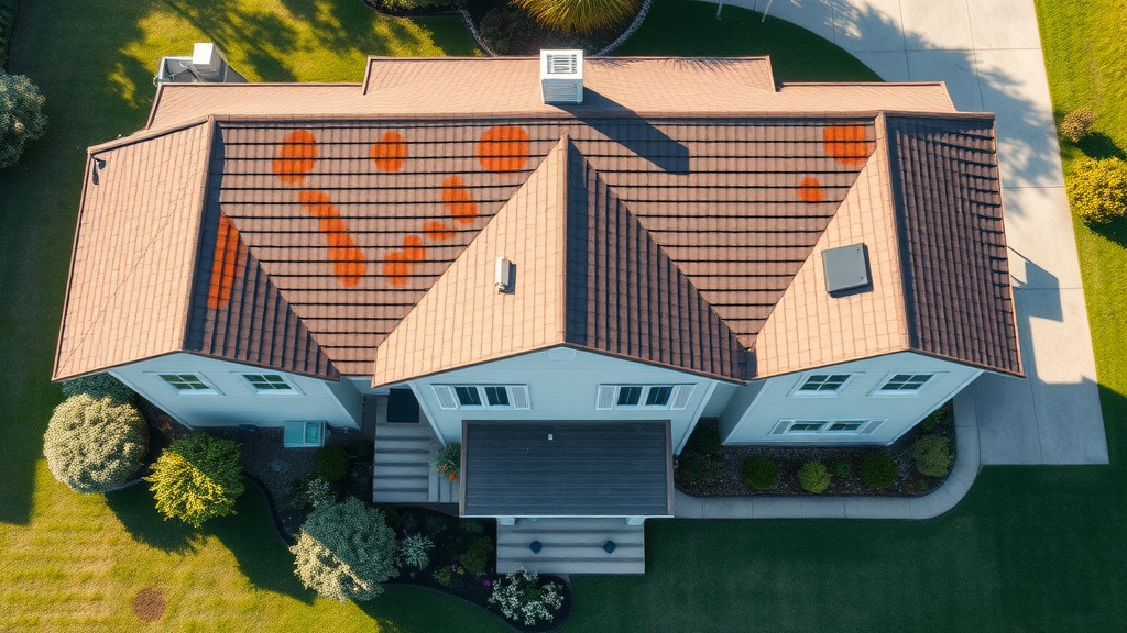 Roof with visible stains and moss on one side and clean, vibrant roofing on the other: signs you need soft wash roof cleaning.