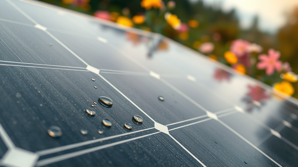 close-up of solar panel with visible pollen and raindrops, contrast between dirty and clean sections, Eugene Oregon