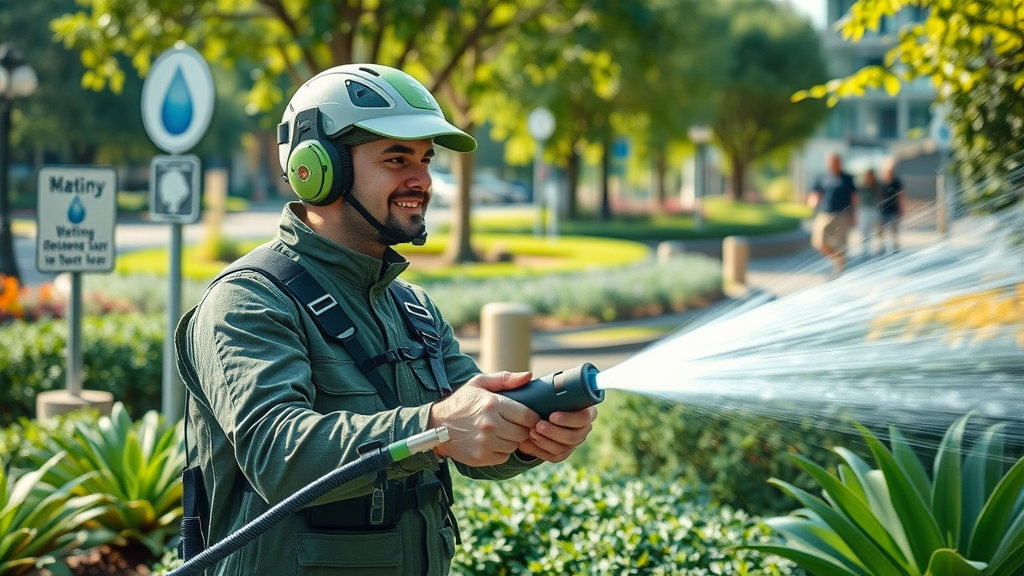 Eco-friendly pressure washing, technician with green technology in landscaped park, main keyword: environmental benefits of pressure washing
