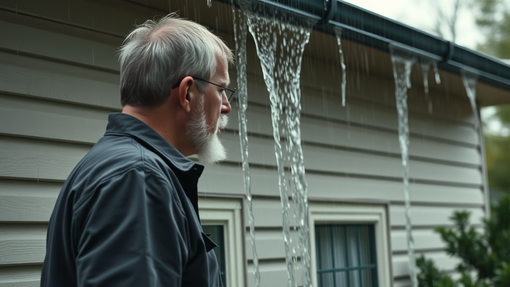 Rainwater spilling over clogged gutters onto house, homeowner watching leaks, gutter cleaning facts, water streaks on siding