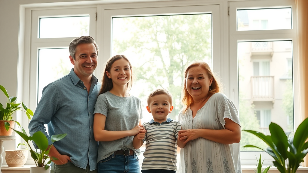 window cleaning services Eugene OR: happy family with spotless windows, living room, sunlight, green plants, warm mood