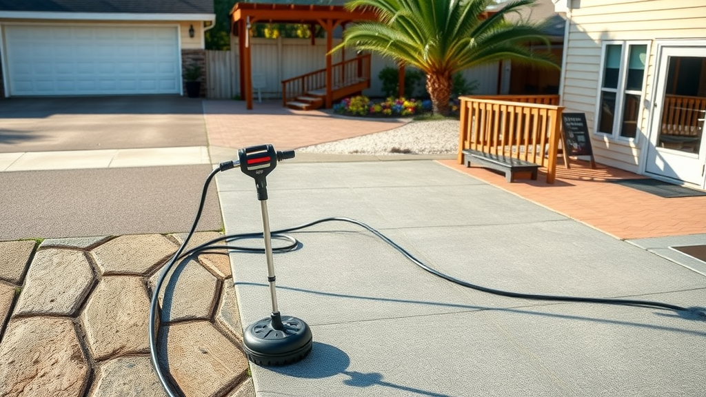 Selection of diverse, clean and sparkling surfaces, patio, deck, driveway, storefront, main keyword: surfaces to pressure wash