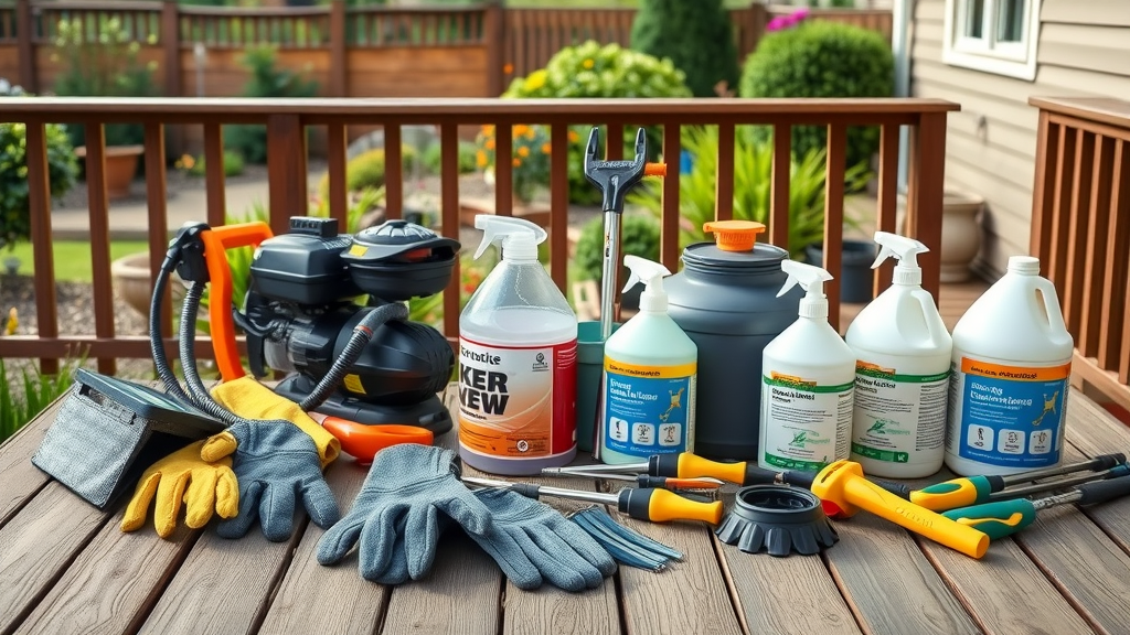 Organized collection of gutter cleaning tools for how to clean gutter exterior: gloves, goggles, pressure washer, cleaning solutions, with garden and home exterior in background. Competitor keyword: gutter cleaner