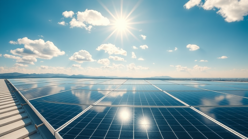 clear, neatly aligned solar panels on a modern rooftop sun reflecting off clean surfaces operating efficiently blue sky with scattered clouds and distant mountains maximizing solar panel performance with proper maintenance