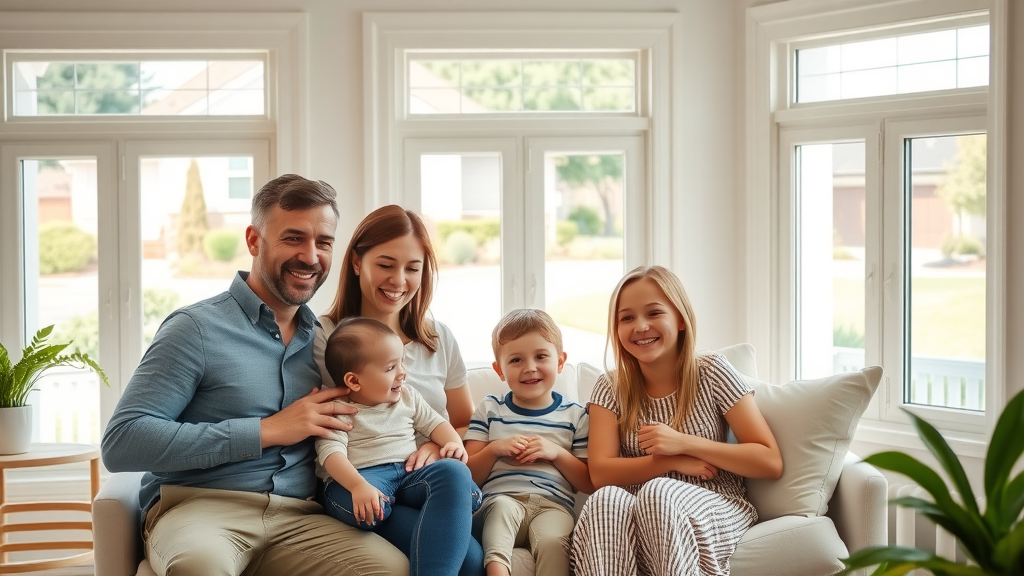 cheerful family natural daylight spotless windows Eugene living room curb appeal window cleaning service