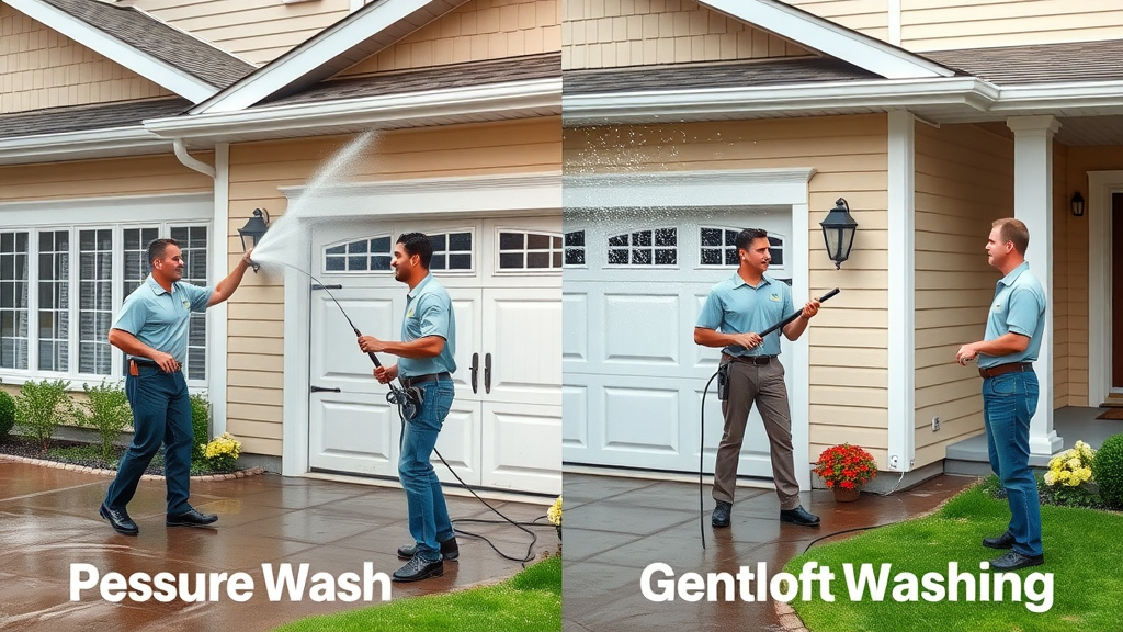 side-by-side cleaning comparison, left with pressure wash, right with soft washing, showing cleaning process and equipment, vivid suburban driveway, flower beds