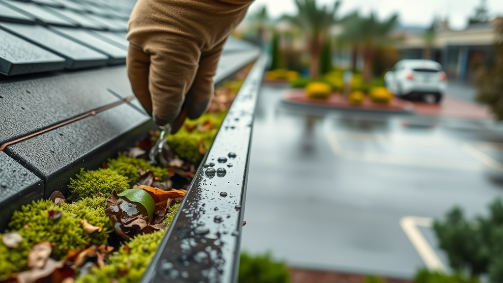 Professional clearing mossy debris from commercial gutter in Eugene Oregon.
