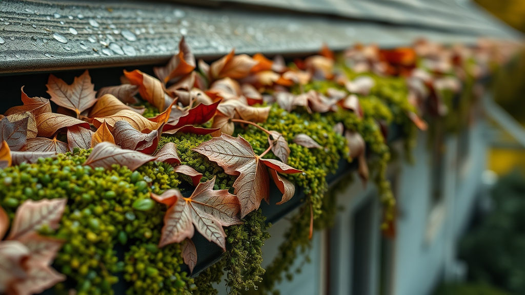 Gutter cleaning in Eugene OR - Closeup of clogged gutters full of leaves and moss, rainy season