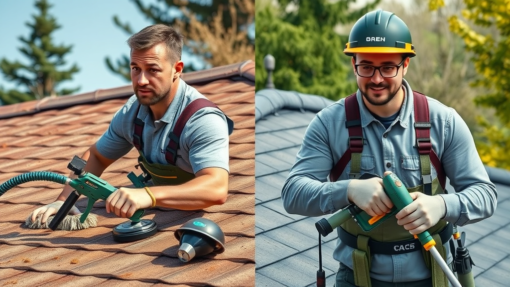 Homeowner using DIY roof cleaning tools vs. professional using commercial cleaning gear on Eugene Oregon roof