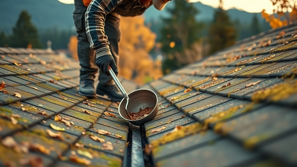 Worker cleaning gutters by hand in Eugene after roof moss removal, residential home with forested background, autumn leaves and debris, natural lighting