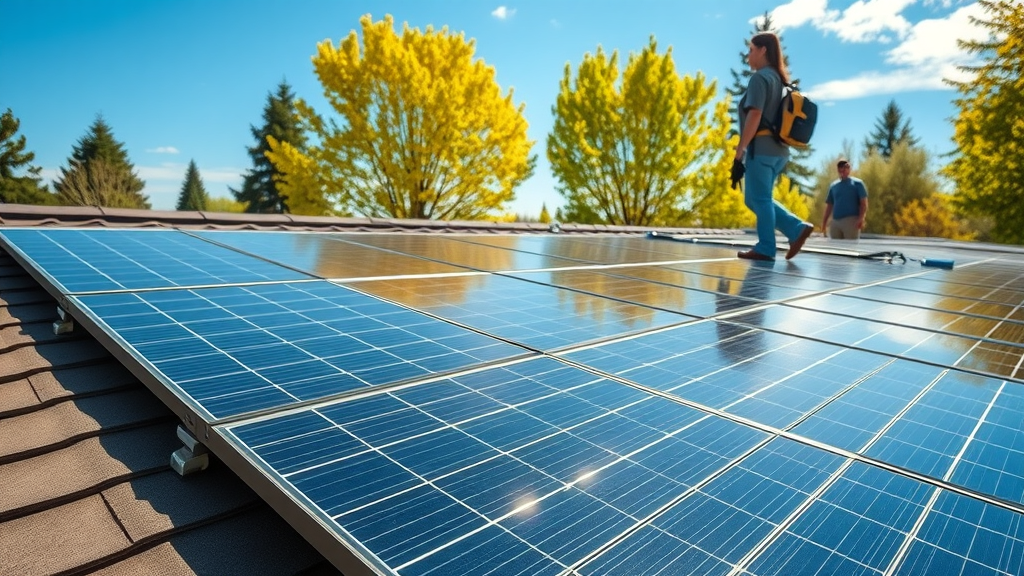 Clean and gleaming residential solar panels on a modern Eugene, Oregon rooftop, sunlight reflecting brightly off the panels, showing a sense of efficiency and eco-friendliness, lush Pacific Northwest trees and blue skies in the background.