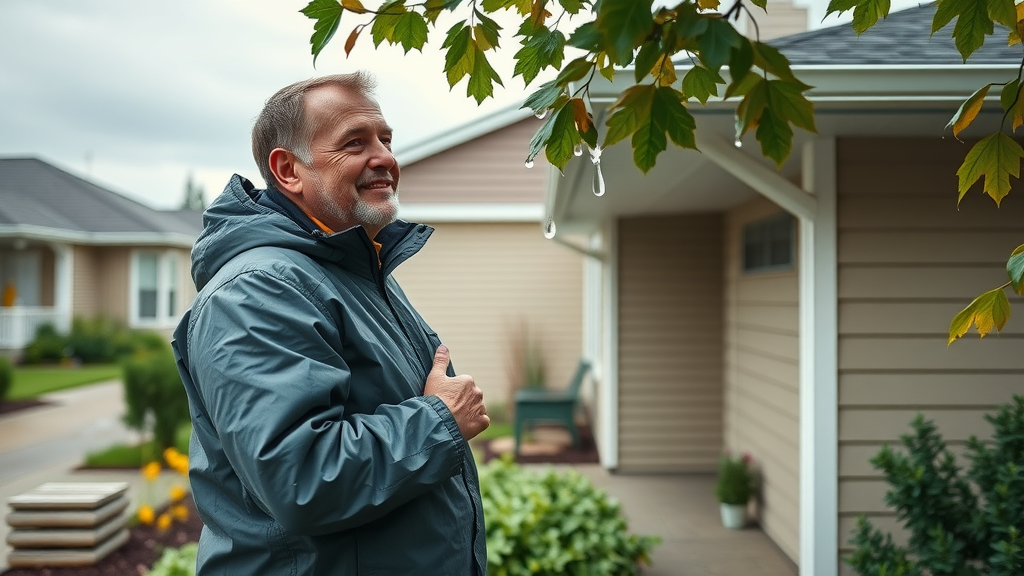 Homeowner inspects clean gutters in Eugene OR after residential gutter cleaning