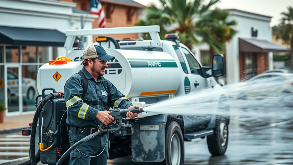 pressure wash equipment by window cleaning company eugene - Professional technician using state-of-the-art equipment for exterior cleaning in a suburban Eugene business district