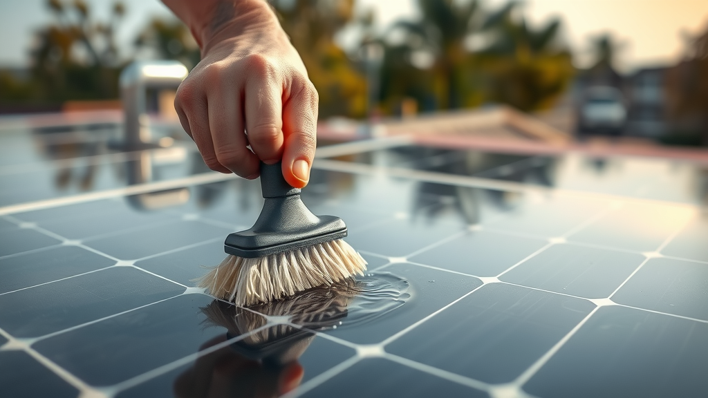 Using a soft brush and squeegee for safe solar panel cleaning on roof