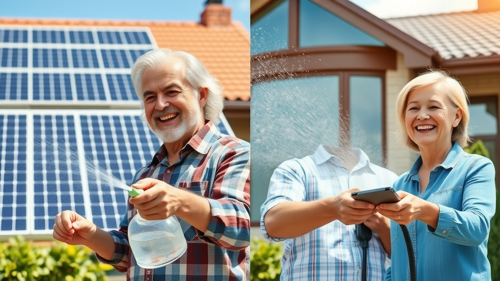 Cheerful homeowners observing solar panel cleaning versus window cleaning and pressure washing on their Eugene property, background alternates between solar panels, large windows, and roof, water spray dynamics, bright colors.