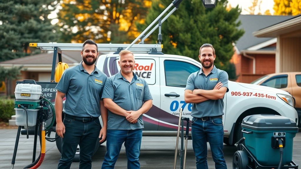 eugene oregon roof moss removal crew standing by branded truck with roof care equipment in Eugene