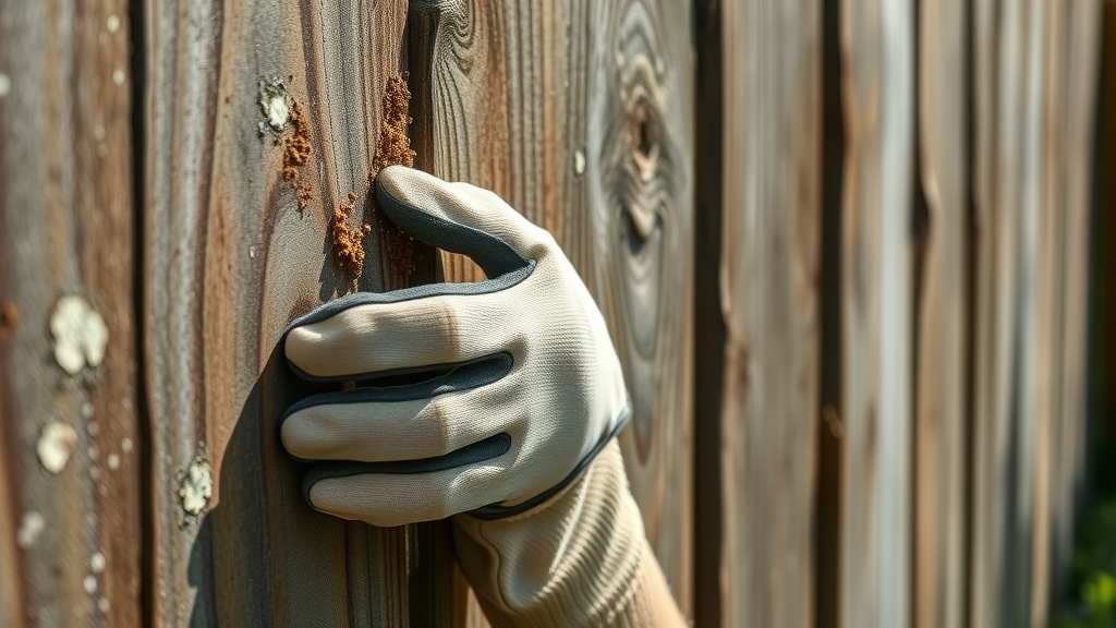 hands inspecting a wooden fence for debris how to clean a fence before staining macro fade stains and mold