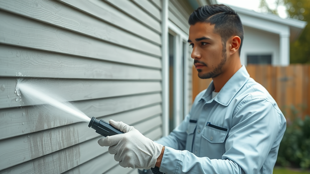 professional technician in uniform applying soft wash biodegradable solution with low-pressure sprayer on house siding, macro close-up, visible detergent action, detailed