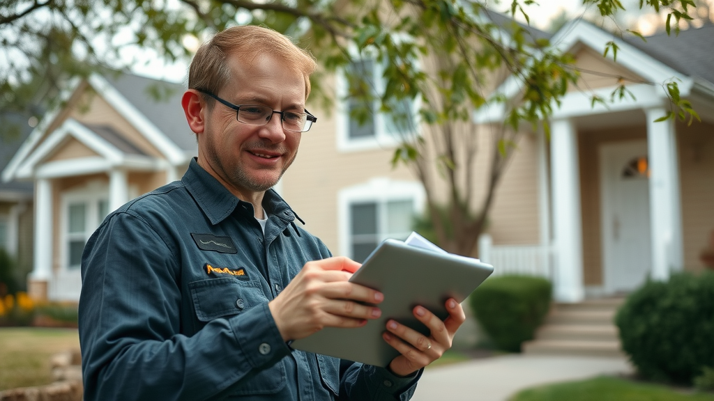 Technician using tablet to document gutter cleaning details outside Eugene Oregon home for quote