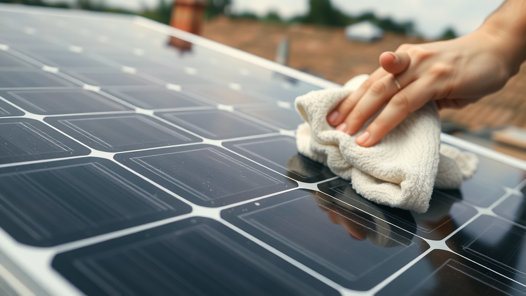 Close-up: cleaning water spots from solar panel with microfiber cloth during solar panel cleaning on roof
